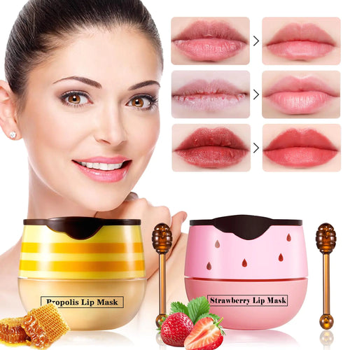 2 PCS Honey Lip Balm Honey Pot Strawberry & Honey Lip Mask Reduces Lip Lines Hydrate & Moisturizing Lip Skin Care Prevention Dry Cracked Lips Honey Lip Balm for Lip Repair Treatment